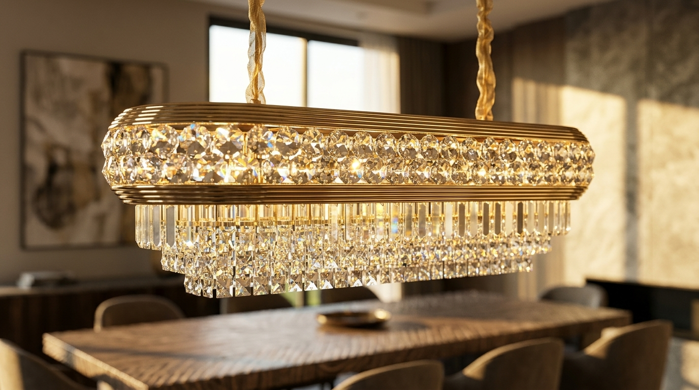 Candil colgante Mixul de metal dorado con cristales redondos y rectangulares, iluminado a contraluz en un comedor contemporáneo