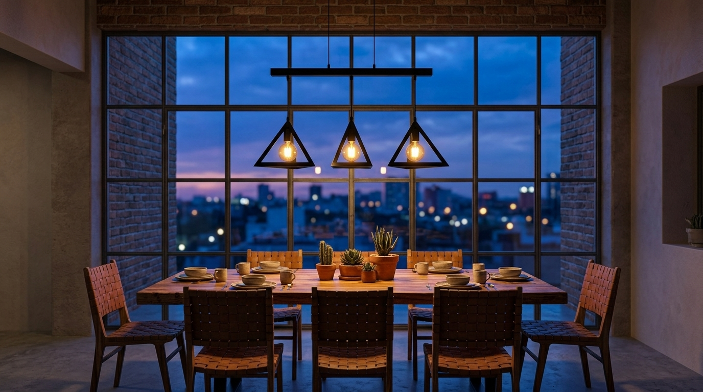 Lámpara colgante Mongolia de metal negro con tres pantallas piramidales encendidas sobre una mesa de comedor de madera al atardecer