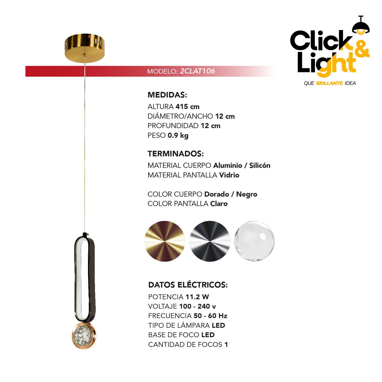 COLGANTE BOREL LED MODERNO DORADO NEGRO CROMADO