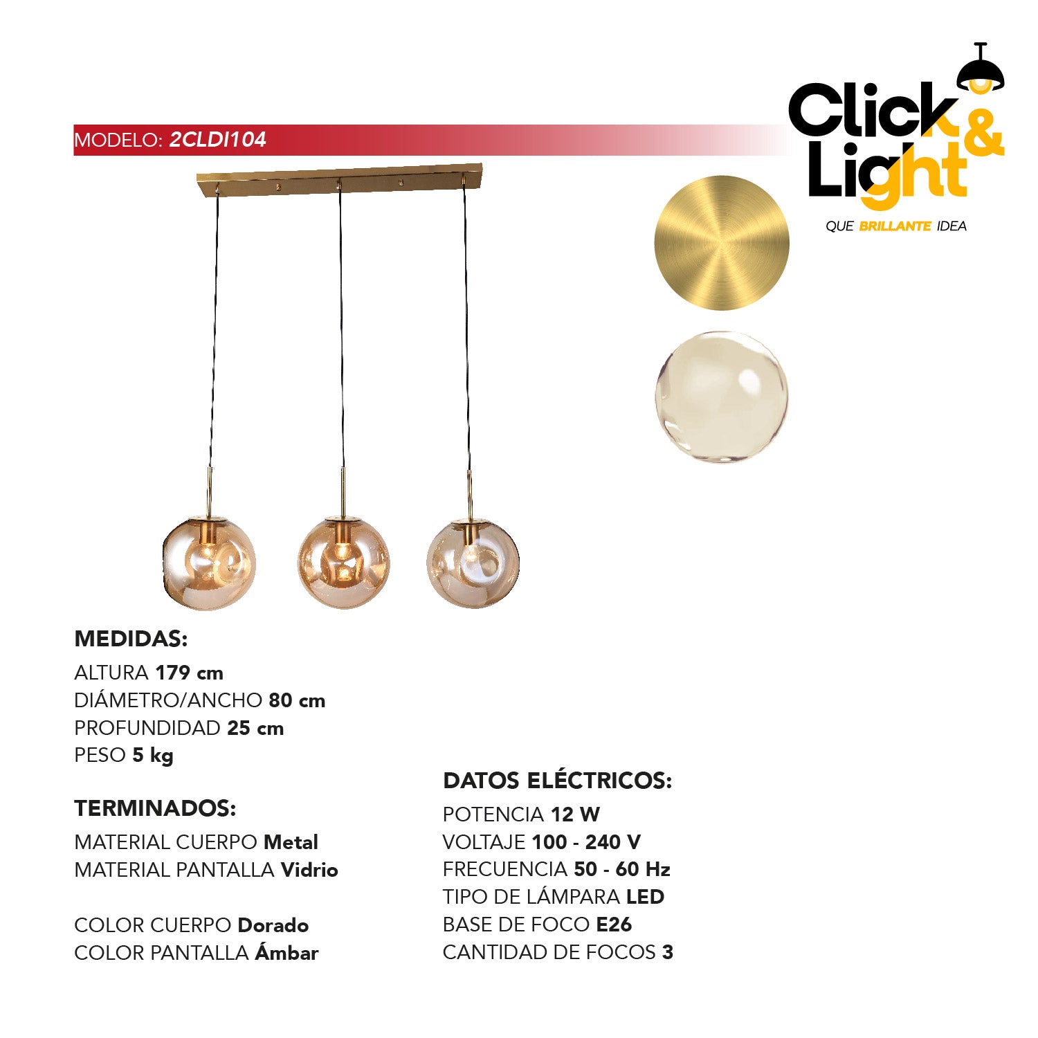Lámpara Colgante Monty Moderna Dorado Ámbar