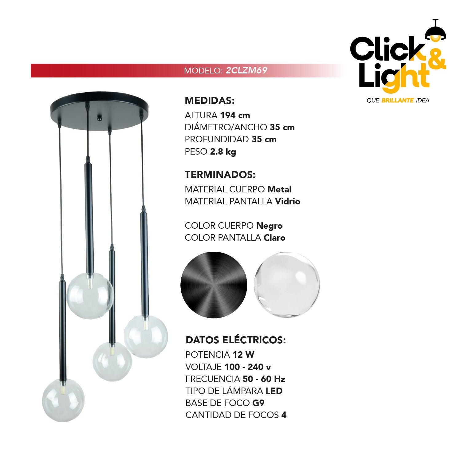 LAMPARA COLGANTE ONIX NEGRO 4 ESFERAS MODERNA