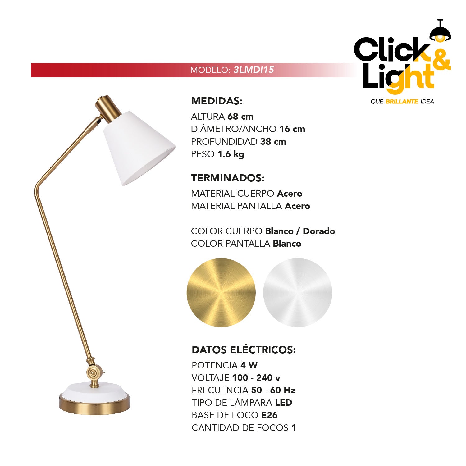 LAMPARA DE MESA FRITZ BLANCO DORADO ELEGANTE