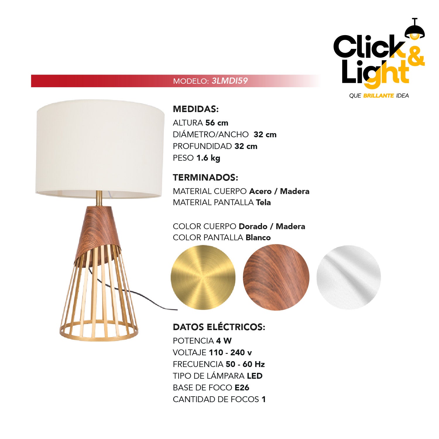 LAMPARA DE MESA COREX MODERNA COLOR DORADO, BLANCO Y MADERA