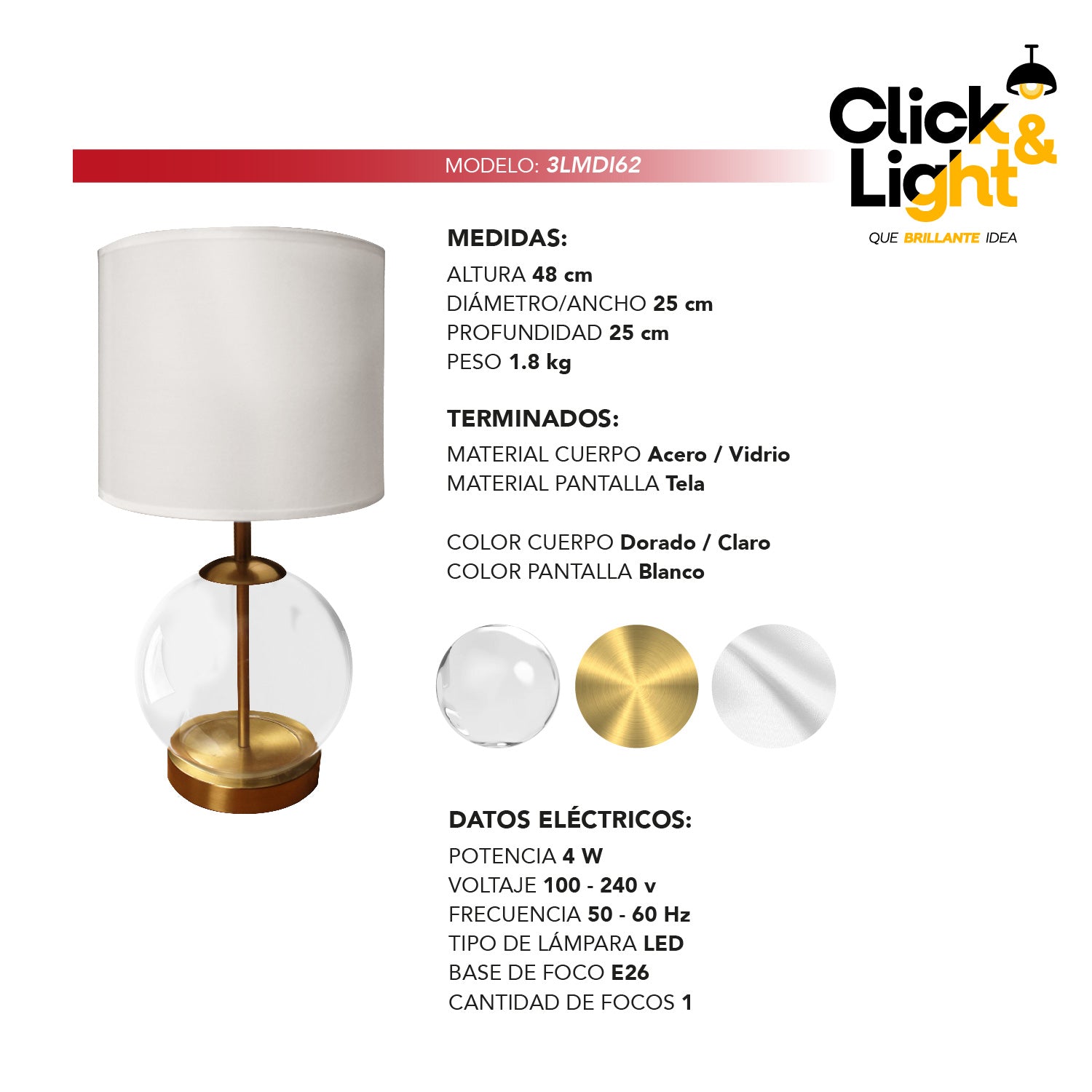 LAMPARA DE MESA CLASICA LORIE METAL-VIDRIO