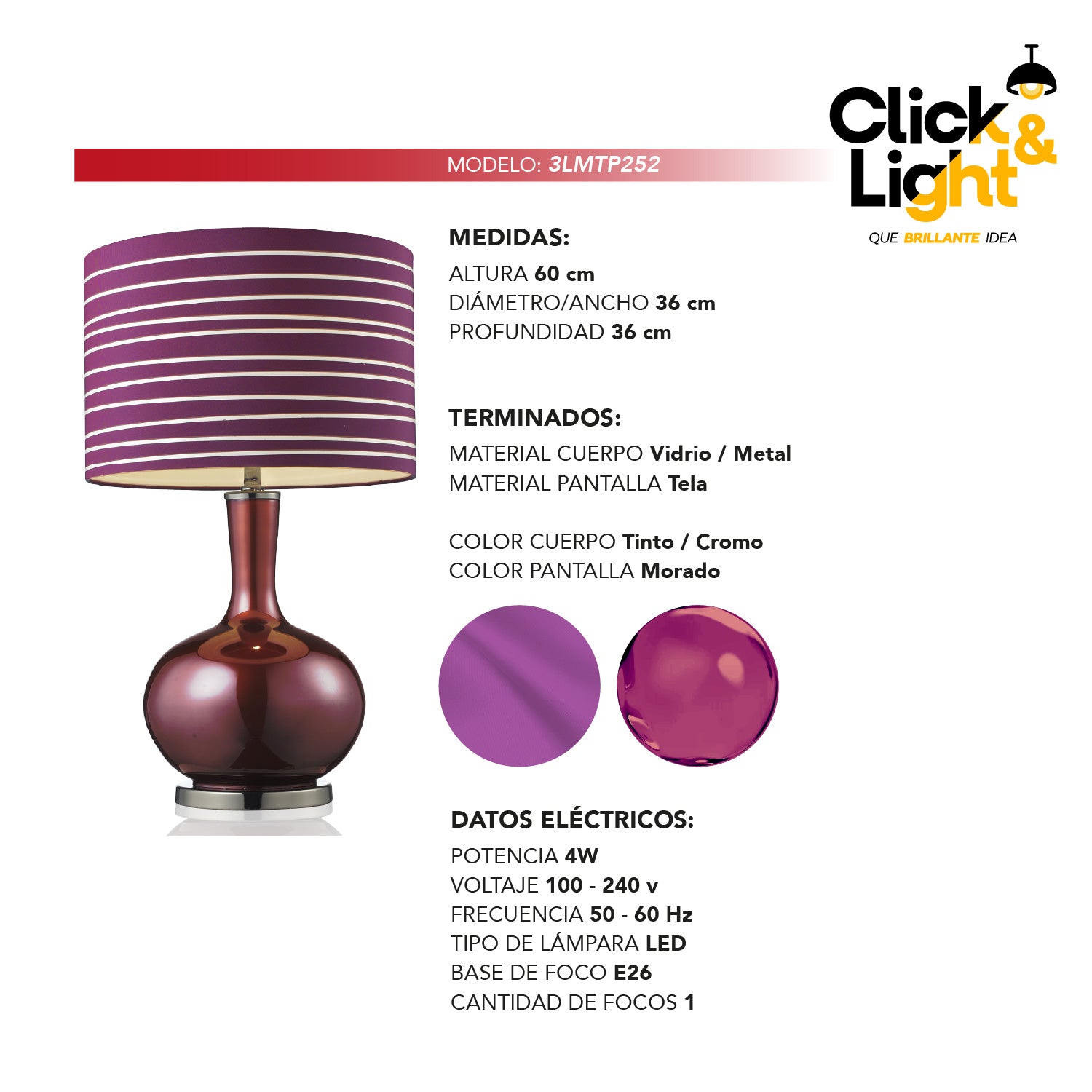 LÁMPARA DE MESA CLASICA MAGI COLOR VINO TINTO