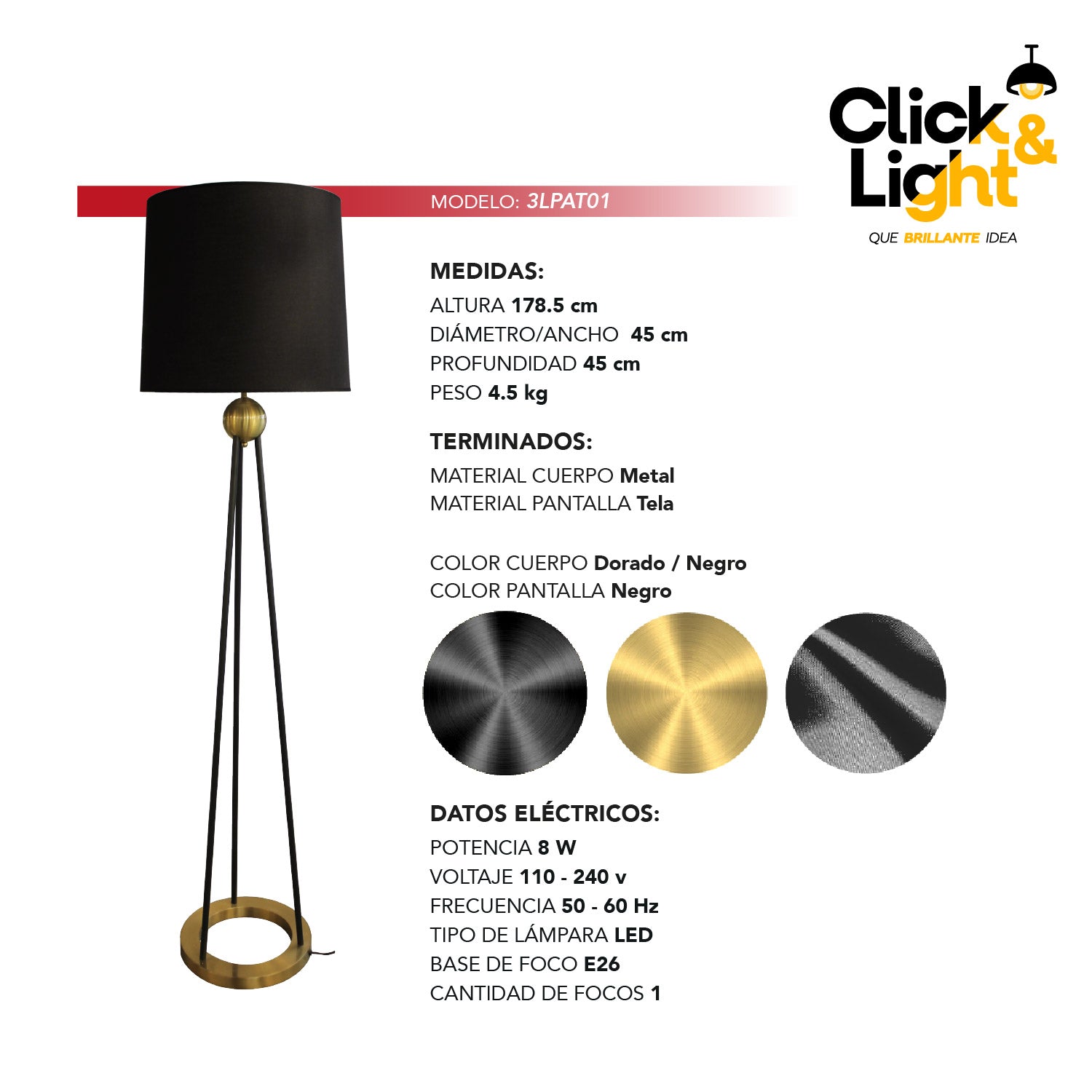 LAMPARA DE PISO ONYX MODERNA COLOR NEGRA