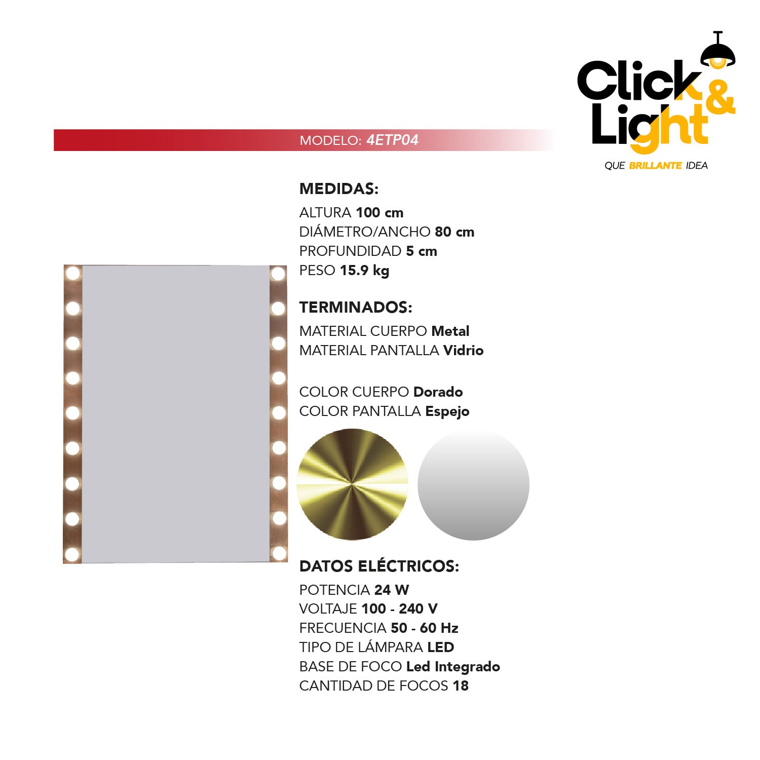 ESPEJO LED MODERNO CARELY TIPO HOLLYWOOD