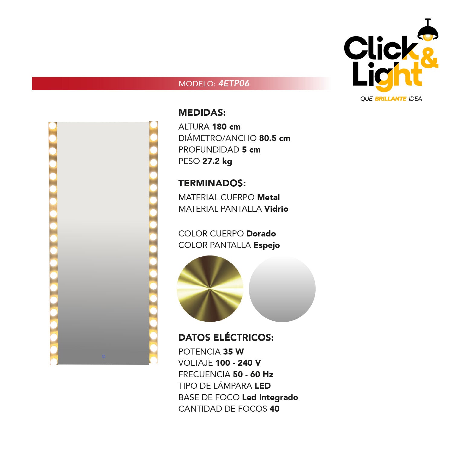 ESPEJO LED MODERNO CADDY NICKEL TIPO HOLLYWOOD