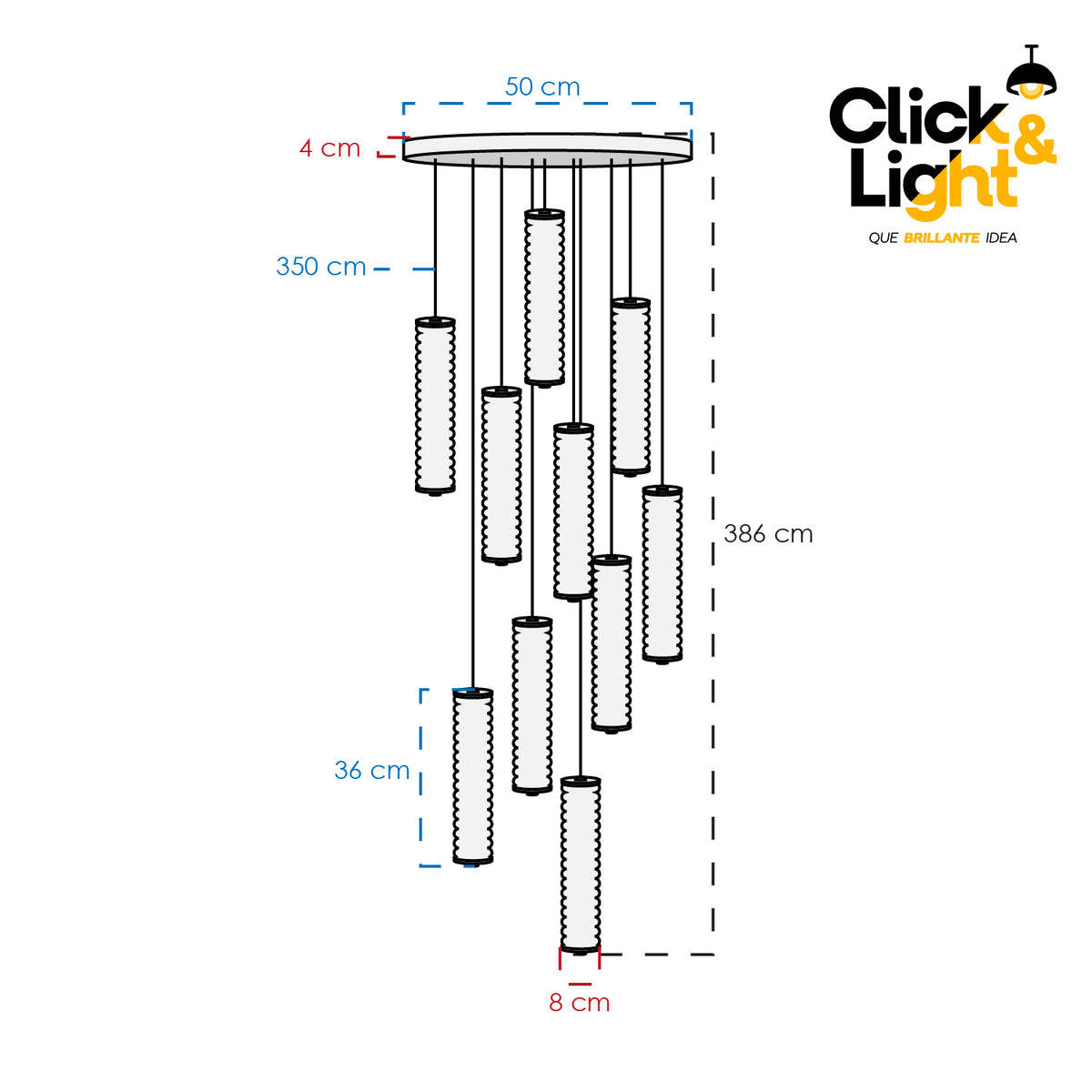 Colgante LED Corela · 10 luces en cascada, vidrio texturizado
