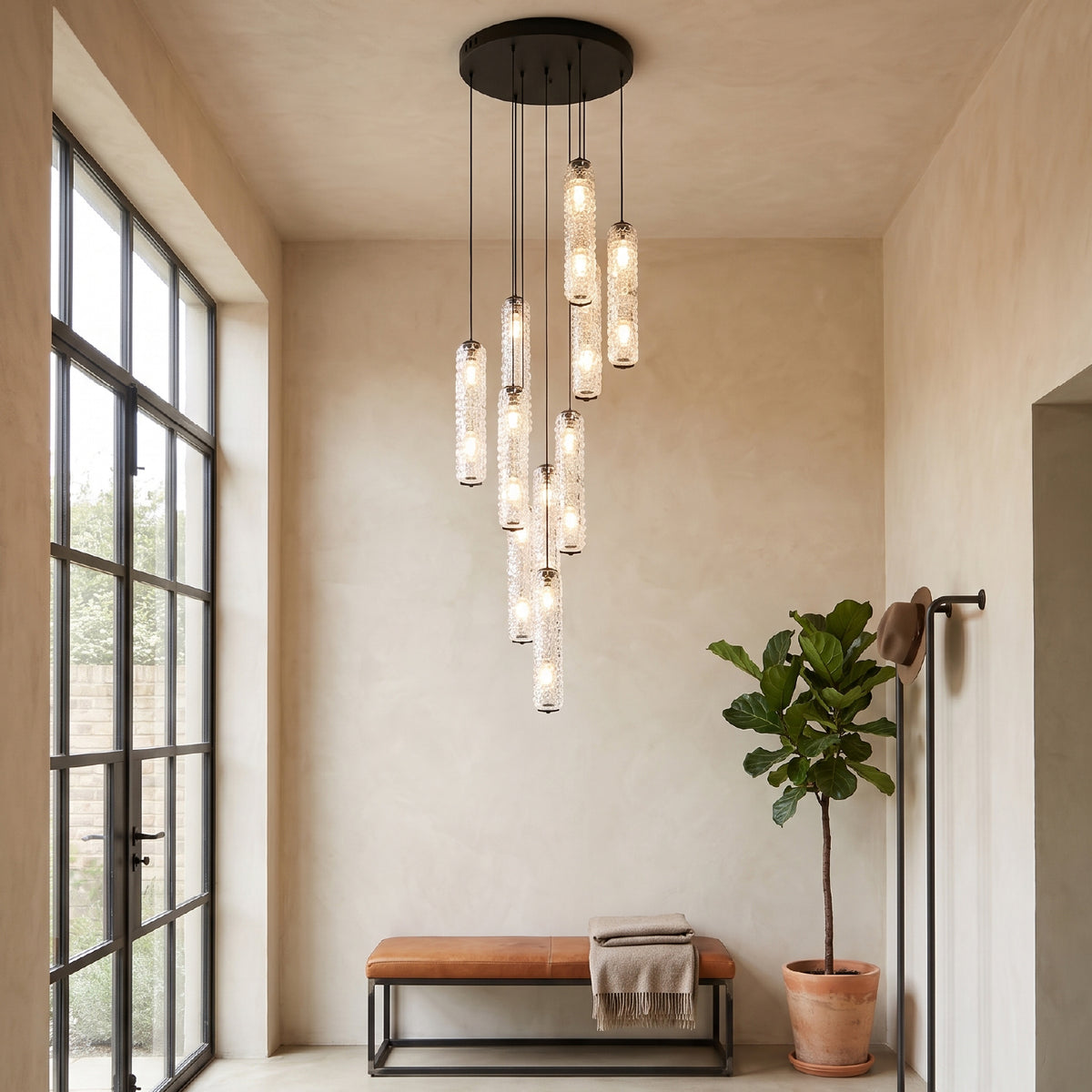 Colgante LED Corela · 10 luces en cascada, vidrio texturizado