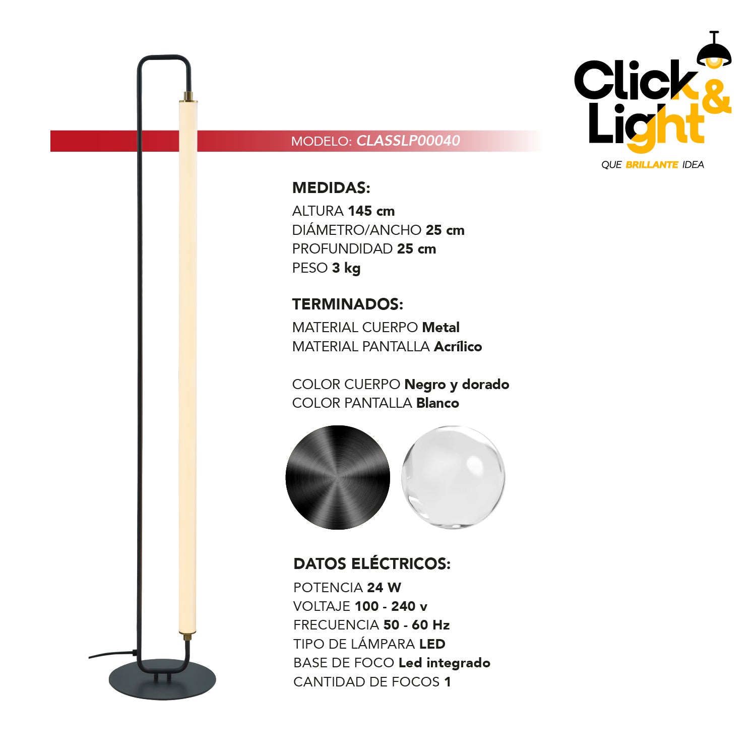 LÁMPARA DE PIE RICARDO MODERNO NEGRO Y DORADO