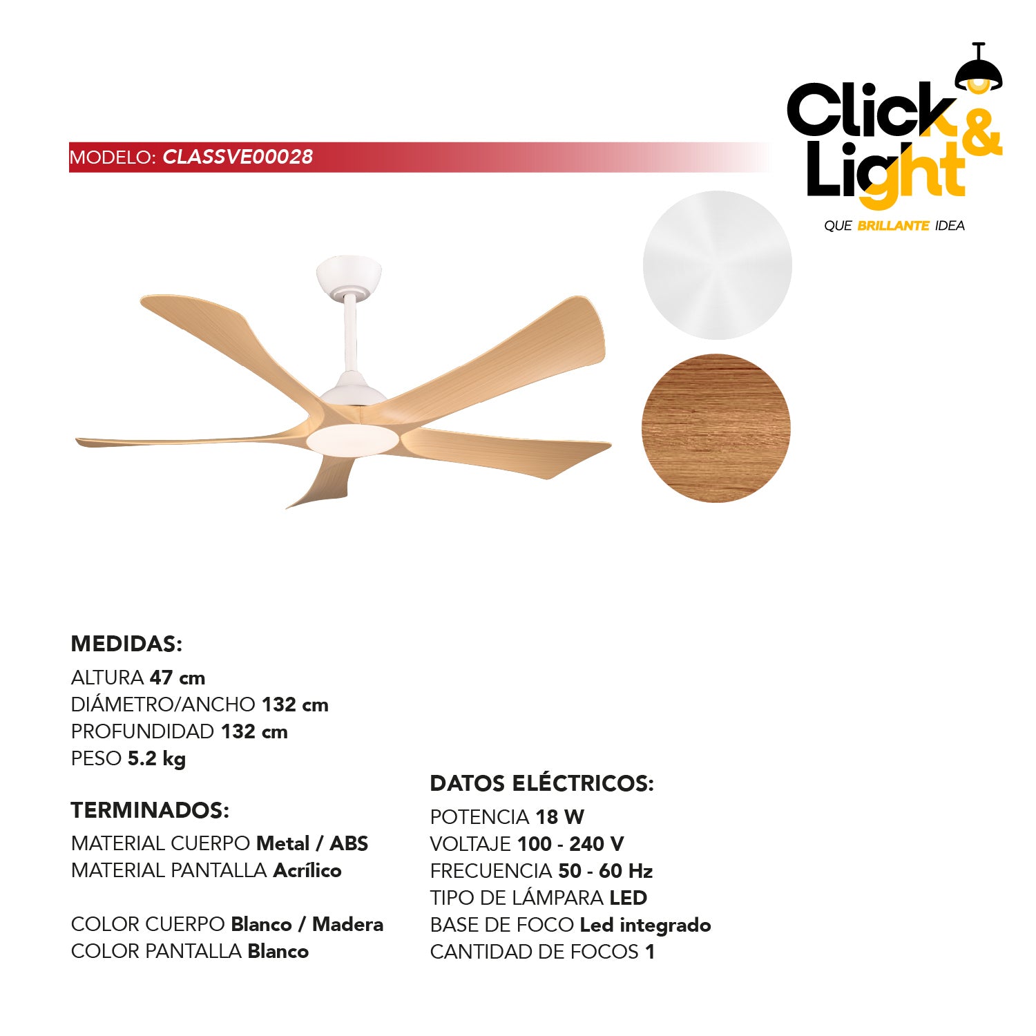 Ventilador de Techo de Estilo Contemporáneo en Color Blanco con Aspas Tipo Madera - Marca Class