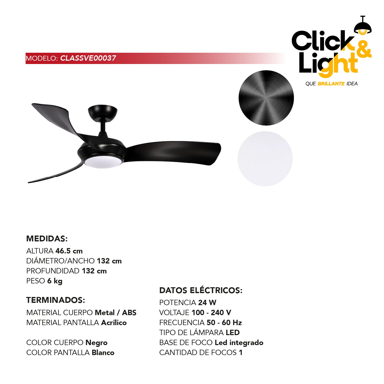 Ventilador Cyclon 3 Aspas LED Negro