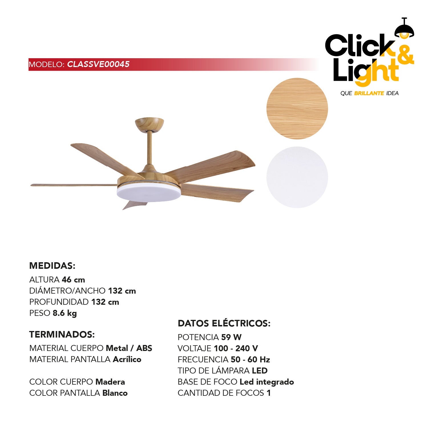 Vista técnica con medidas (45 cm alto x 132 cm diámetro) del ventilador Airelia