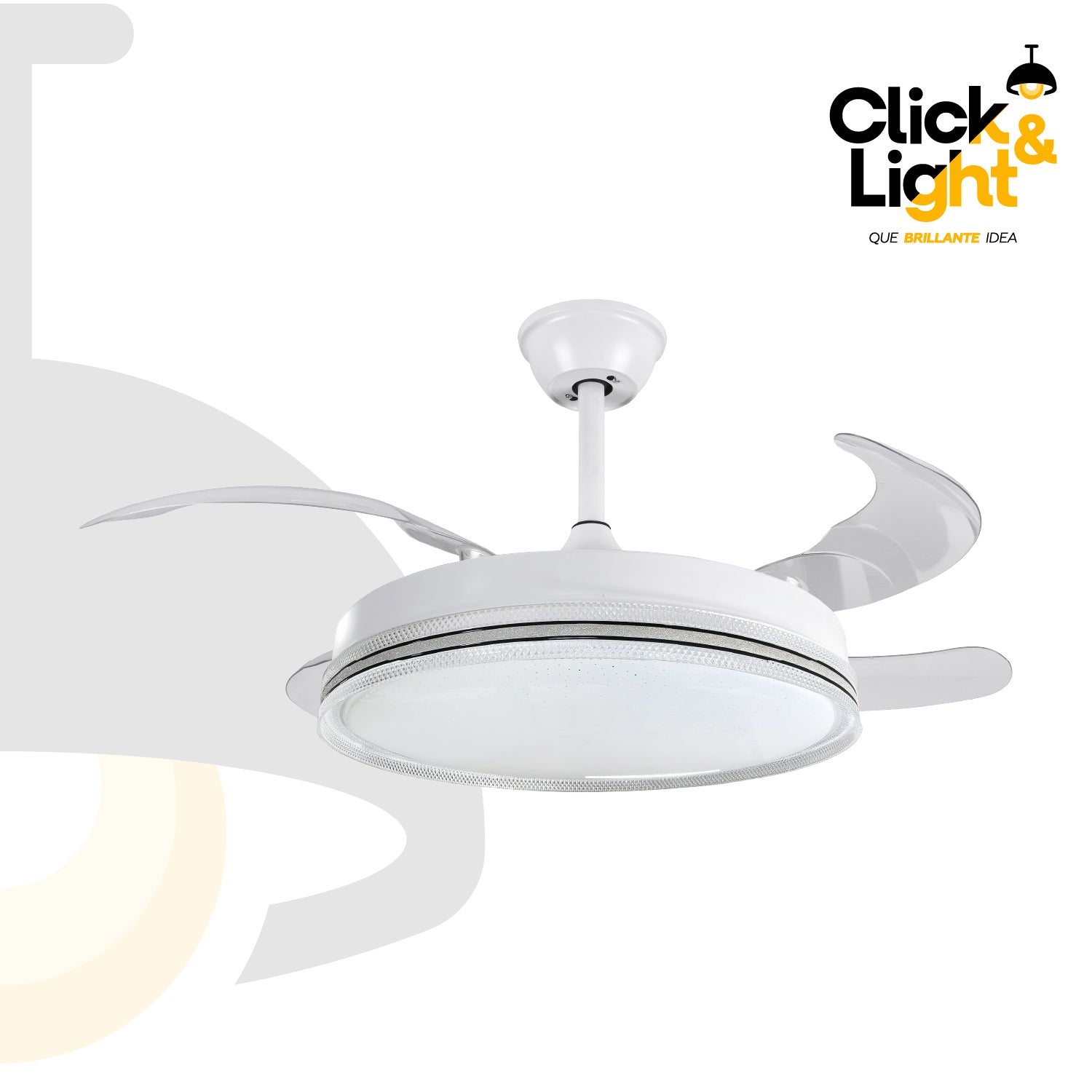 Ventilador Venturo vista frontal: 4 aspas blancas con difusor LED central