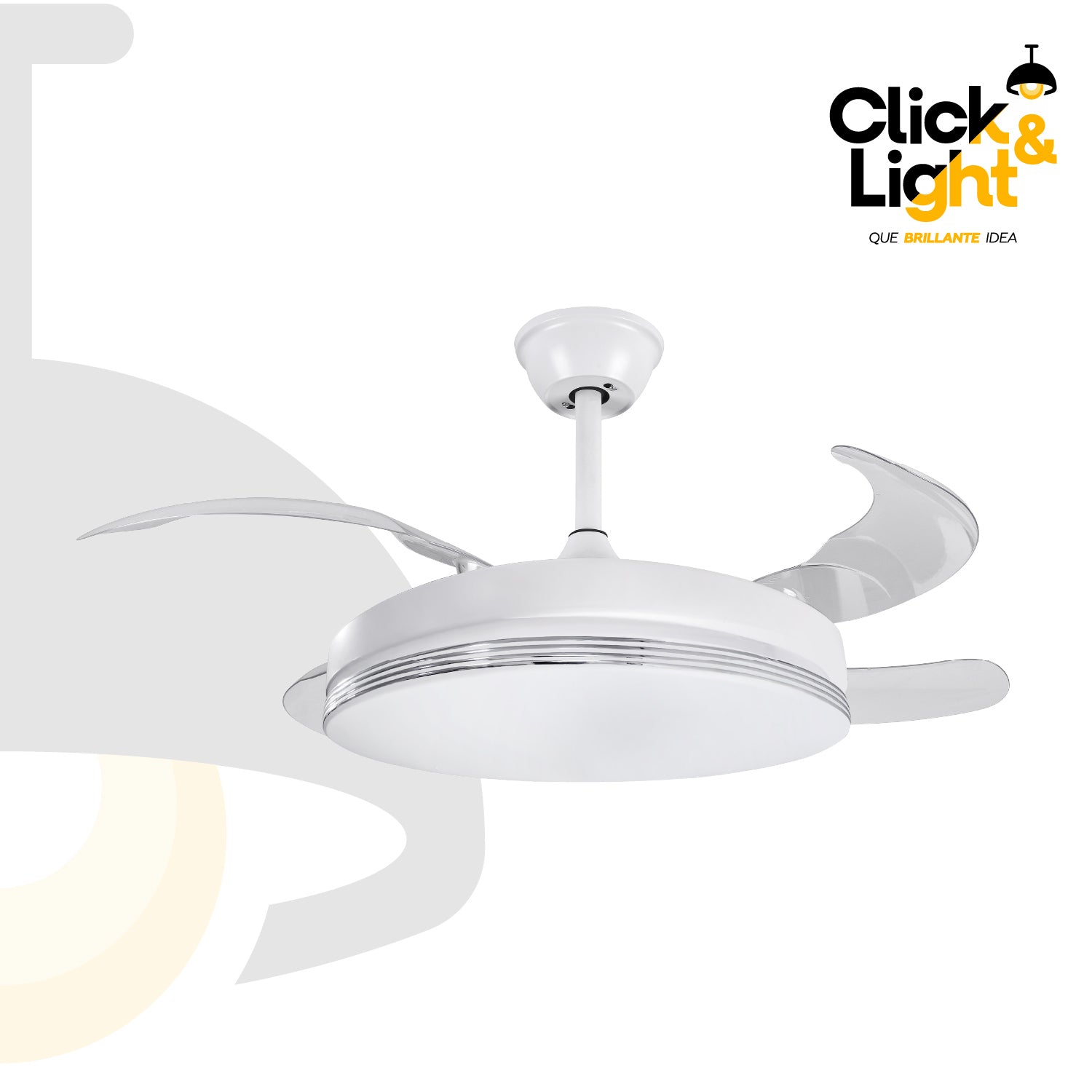 Ventilador Airtek vista frontal: estructura blanca con aspas blancas y difusor LED