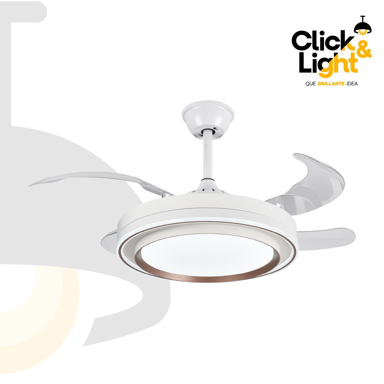 Ventilador Klyma vista frontal: estructura blanca con aspas blancas y difusor LED