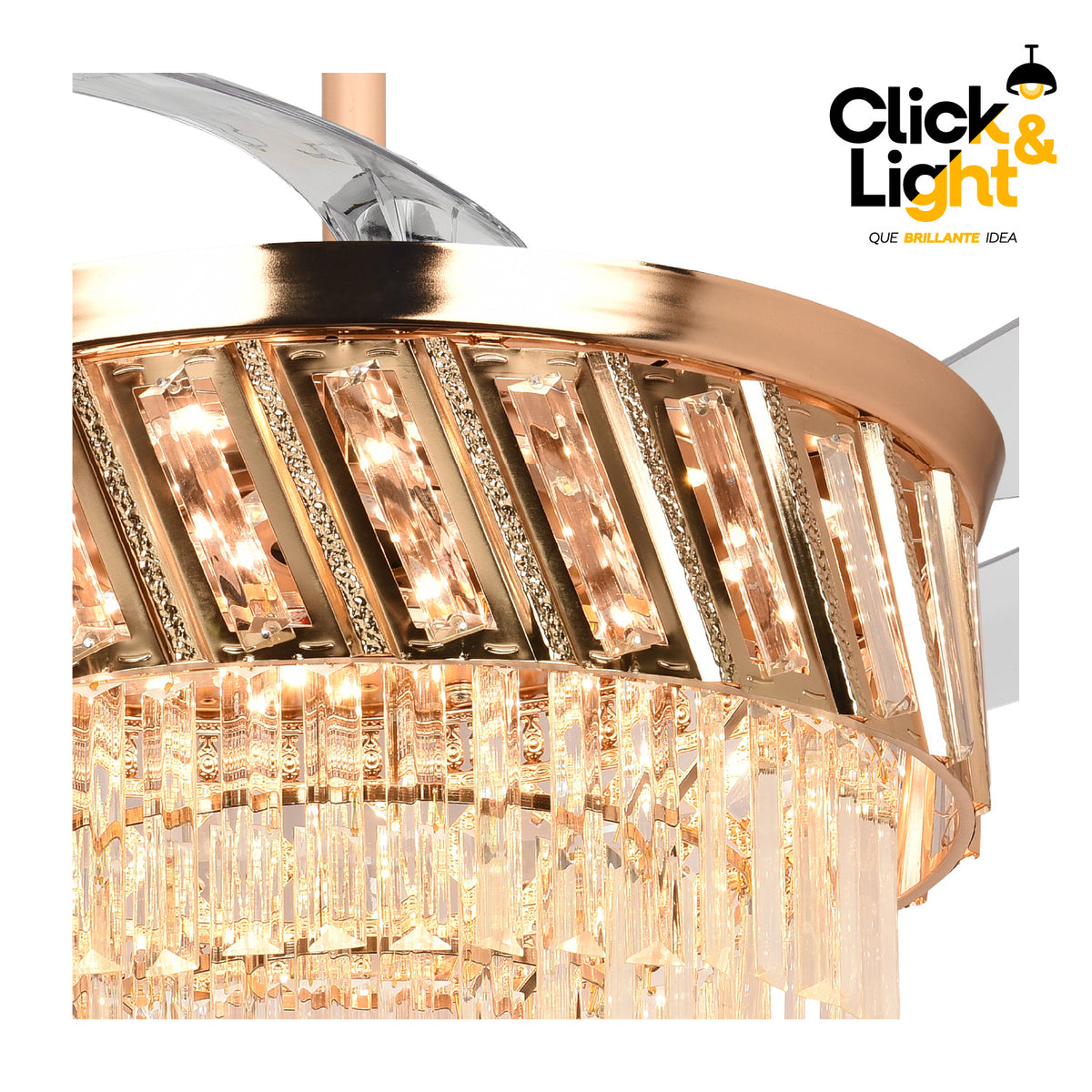 Ventilador LED Flow · aspas retráctiles, candil de cristal