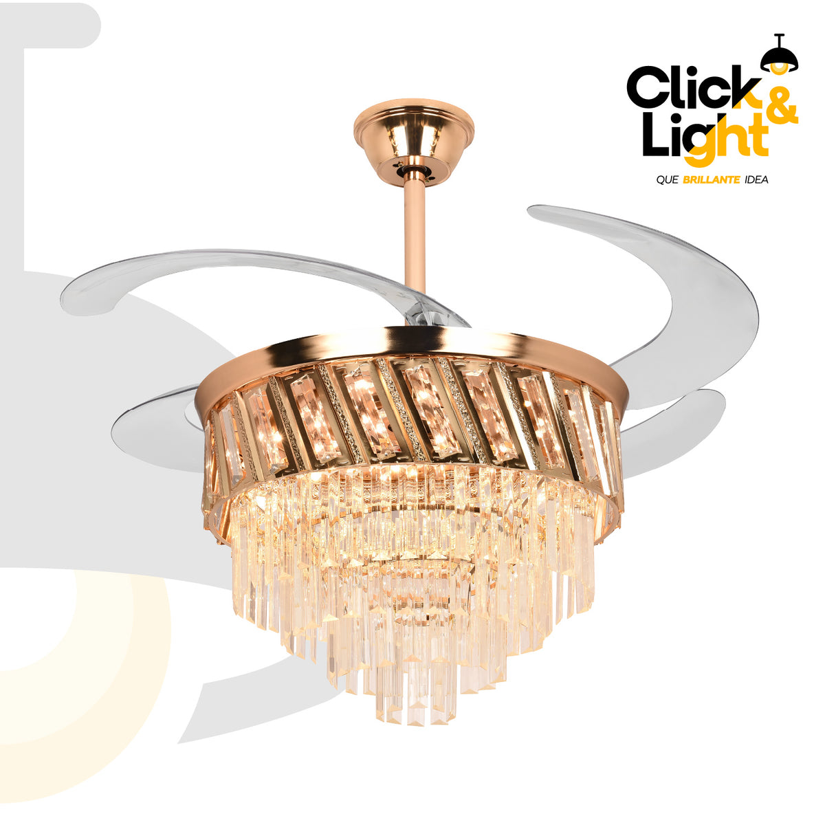 Ventilador LED Flow · aspas retráctiles, candil de cristal