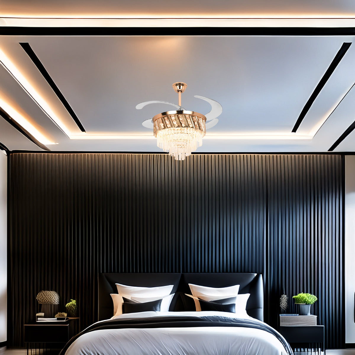 Ventilador LED Flow · aspas retráctiles, candil de cristal