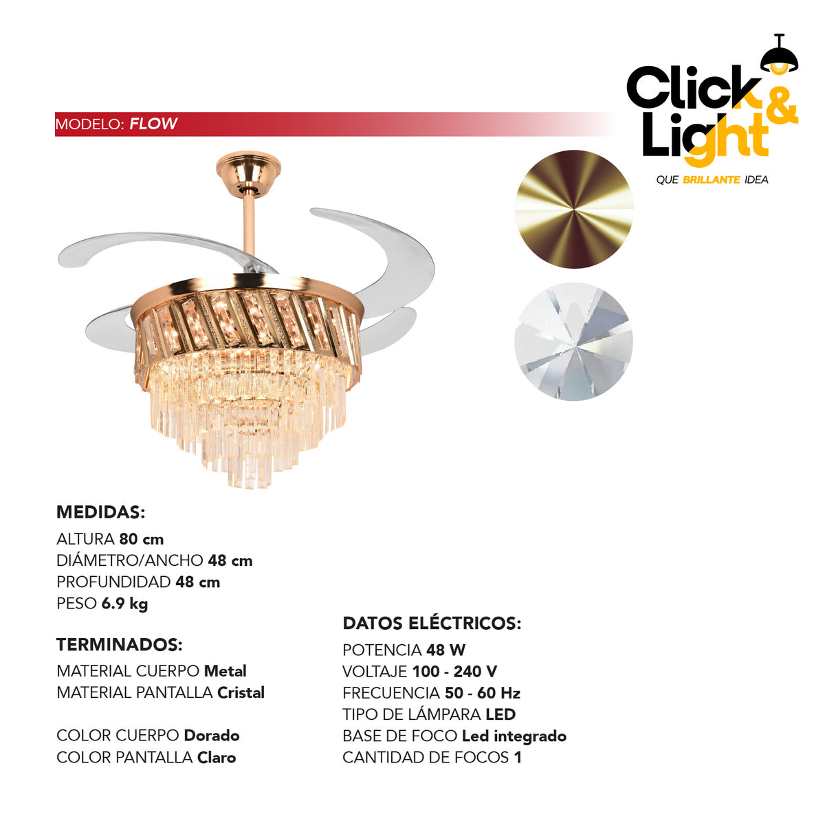 Ventilador LED Flow · aspas retráctiles, candil de cristal