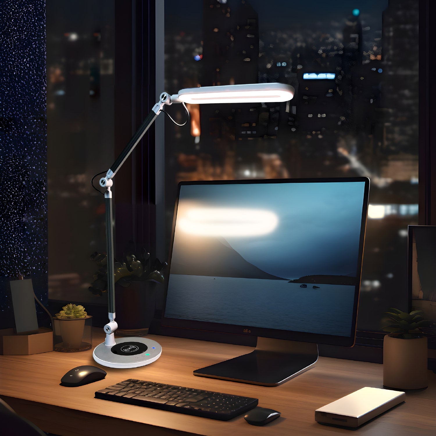 lampara de mesa iluminando escritorio de oficina