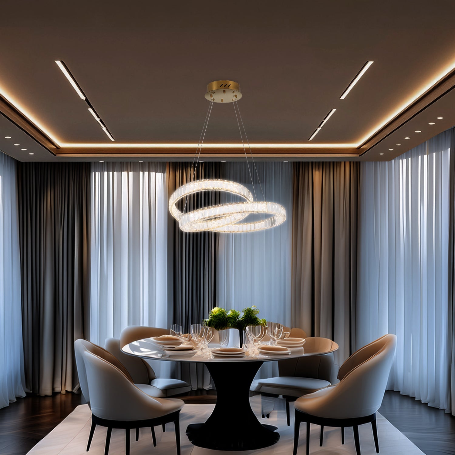 lampara moderna iluminando un comedor