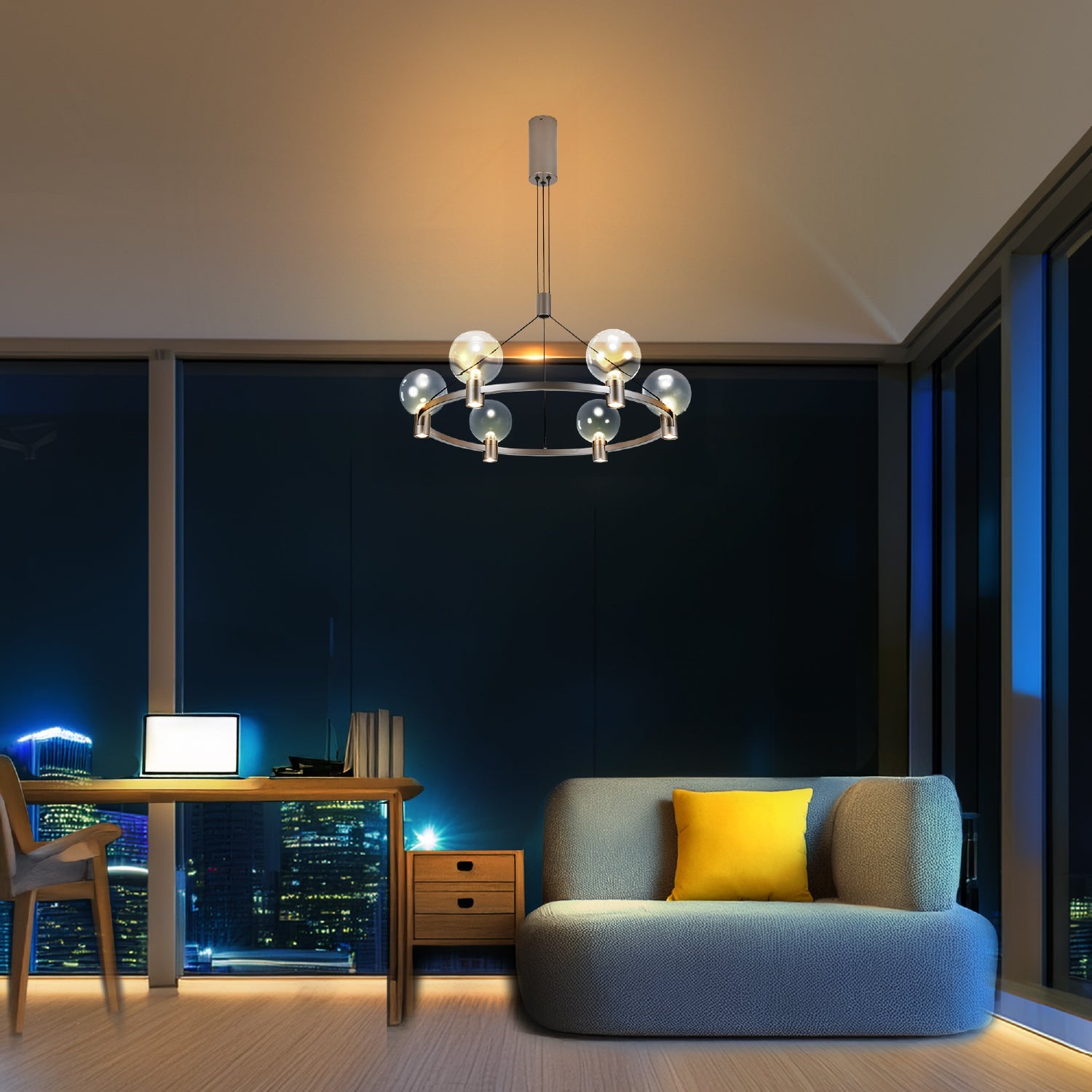 pequeño estudio iluminado por una lámpara colgante contemporánea
