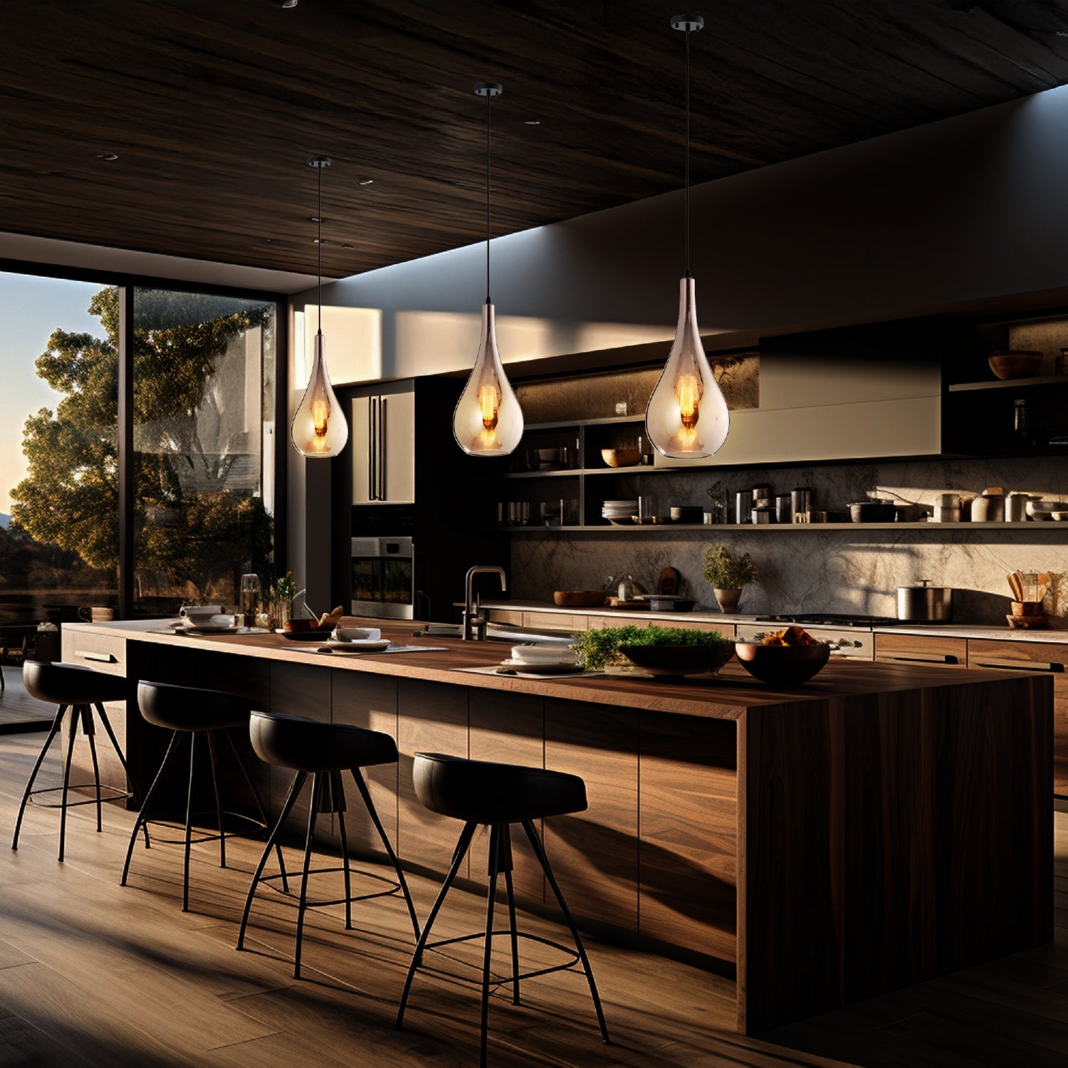cocina iluminada por lámparas colgantes individuales