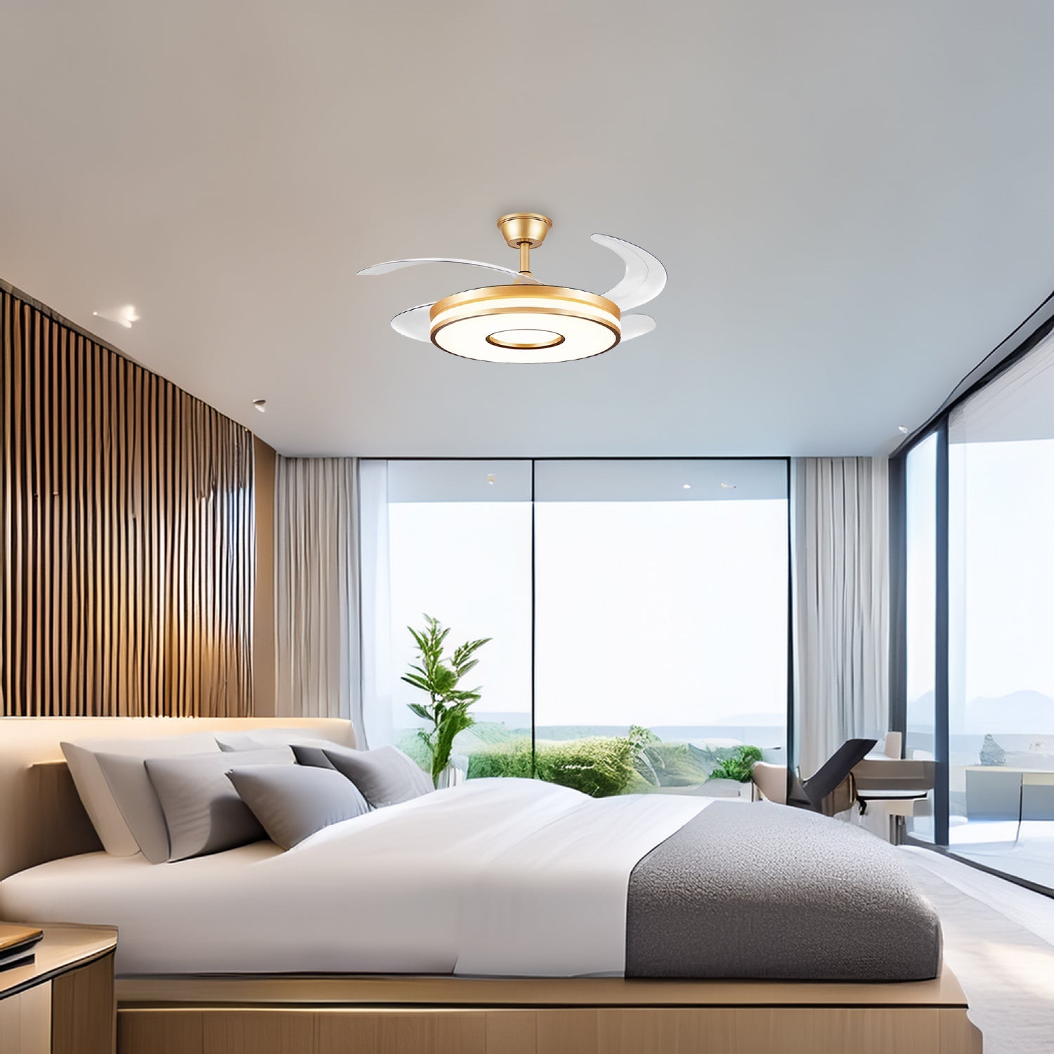 ventilador de techo led iluminando recámara