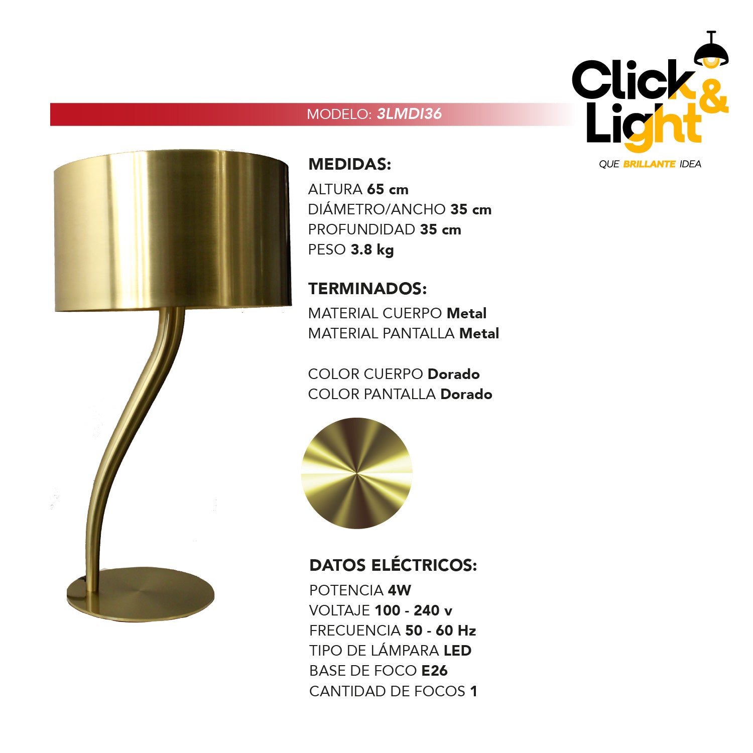 LAMPARA DE MESA CONTEMPORANEO LING METAL DORADO ELEGANTE