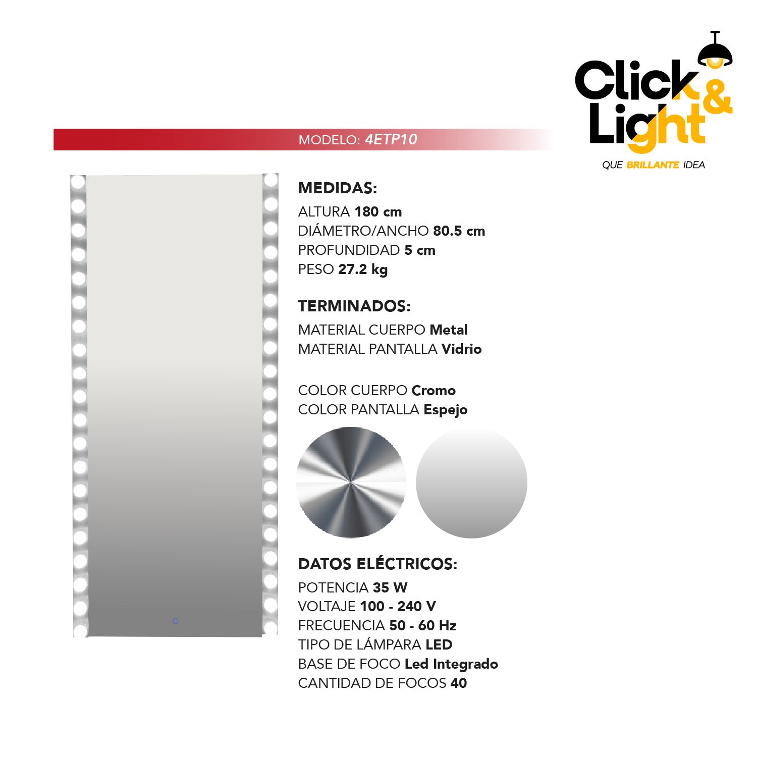 ESPEJO LED MODERNO DE CUERPO COMPLETO CHARLIE TIPO HOLLYWOOD