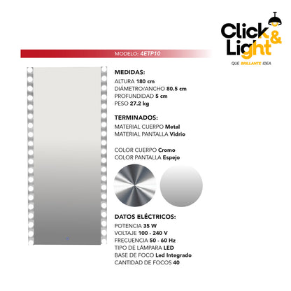 ESPEJO LED MODERNO DE CUERPO COMPLETO CHARLIE TIPO HOLLYWOOD
