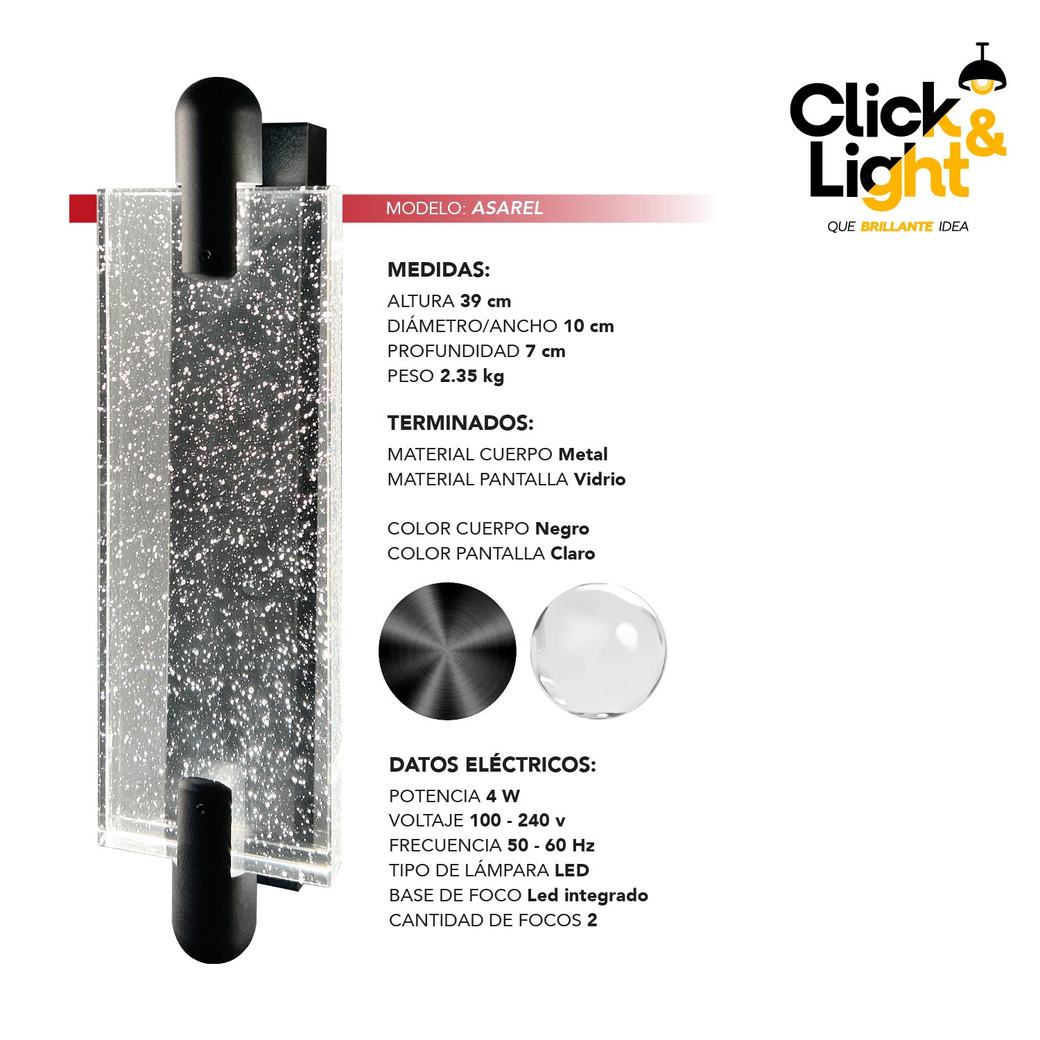 Arbotante LED de Metal Negro Pantalla de Vidrio Claro Estilo Moderno Asasel