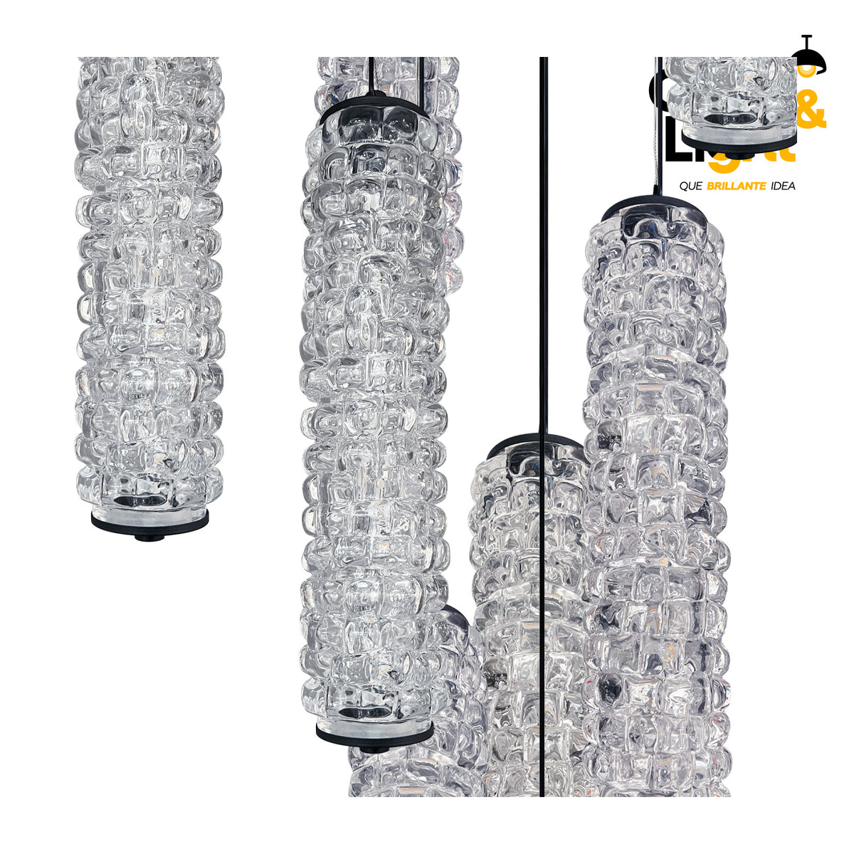 Colgante LED Corela · 10 luces en cascada, vidrio texturizado