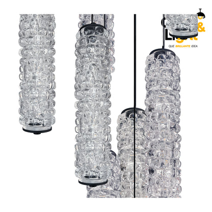Colgante LED Corela · 10 luces en cascada, vidrio texturizado