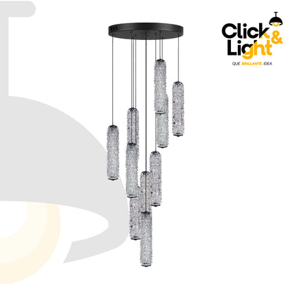 Colgante LED Corela · 10 luces en cascada, vidrio texturizado