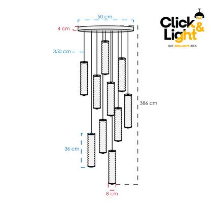 Colgante LED Corela · 10 luces en cascada, vidrio texturizado