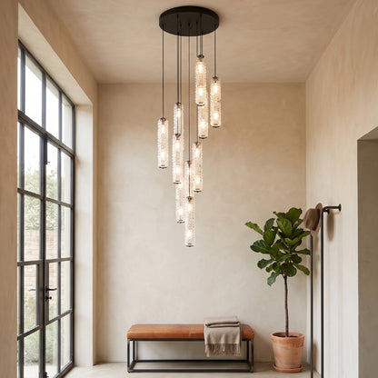 Colgante LED Corela · 10 luces en cascada, vidrio texturizado