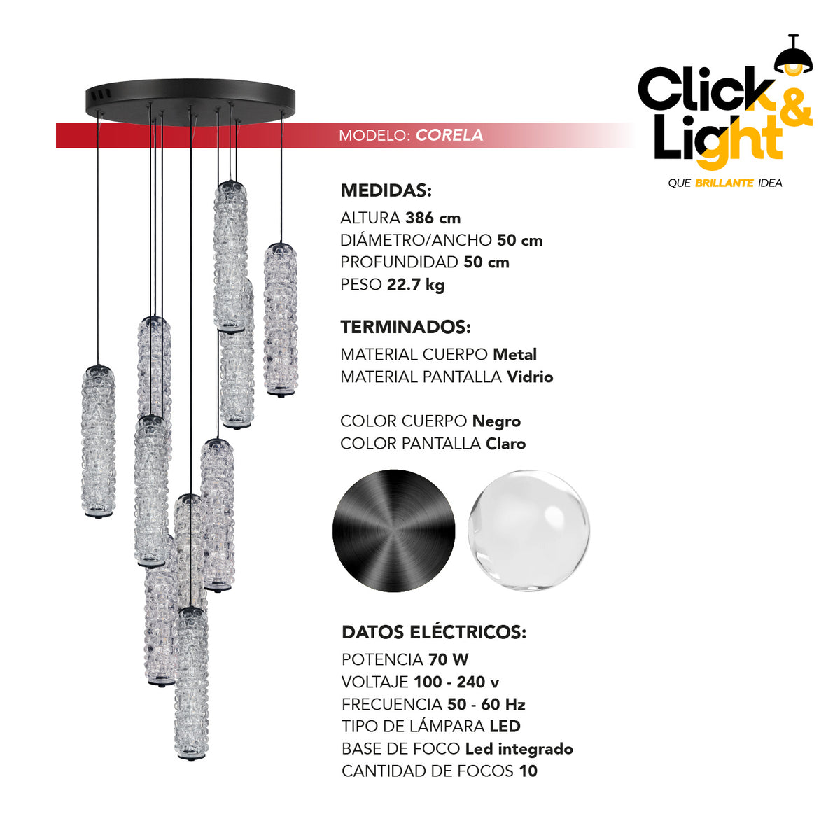 Colgante LED Corela · 10 luces en cascada, vidrio texturizado