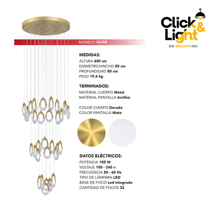 Colgante LED Nami · 32 aros, dorado