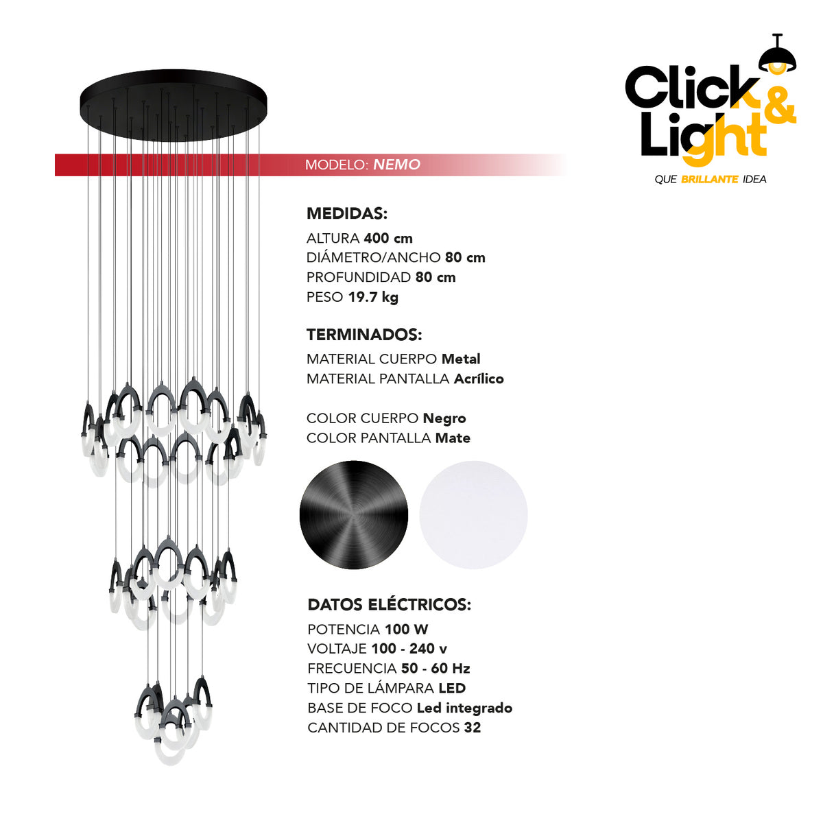 Colgante LED Nemo · 32 aros, negro