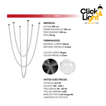 Colgante LED Vorak · 3 cadenas de cristal, negro