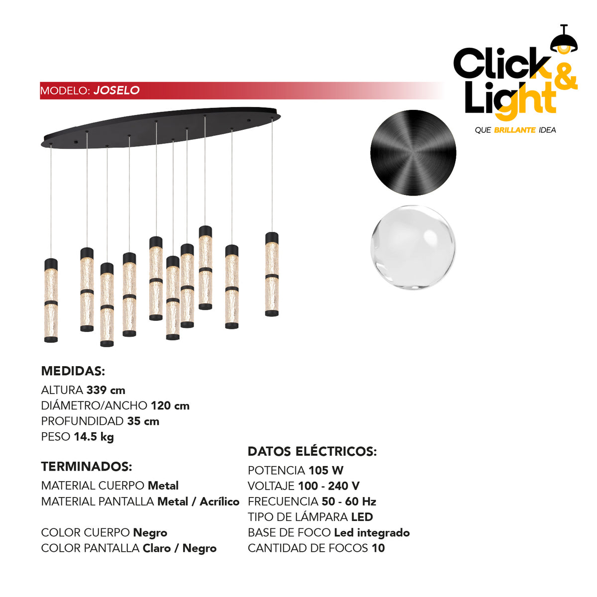 Colgante LED Joselo · 10 luces, acrílico texturizado