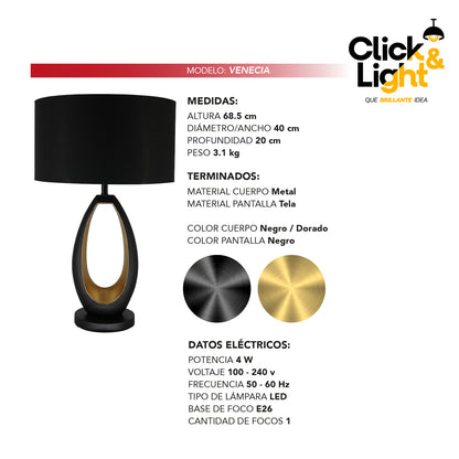 Lámpara de Mesa Venecia · negro y dorado