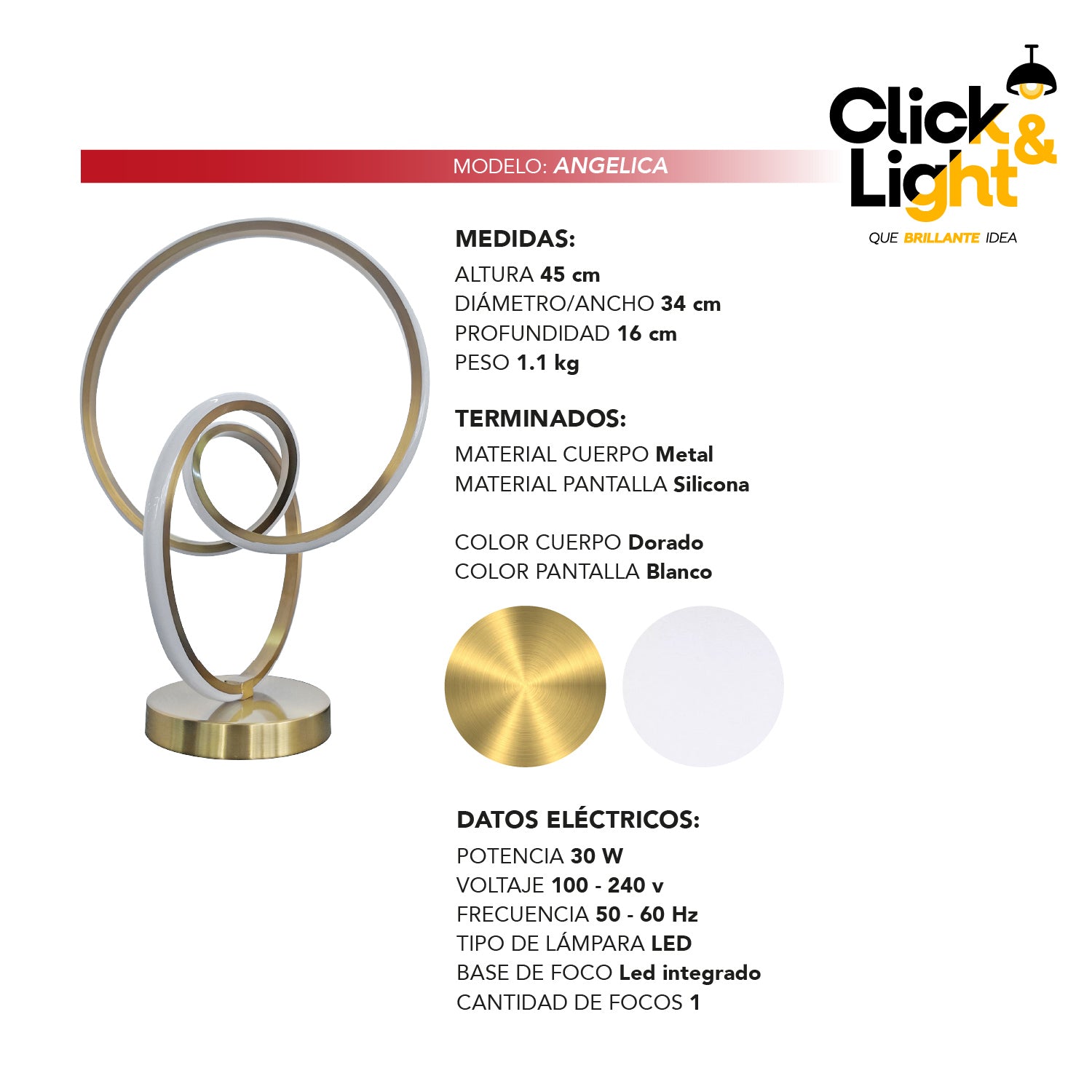 Lámpara de Mesa Angelica Led Estilo Moderno Dorado