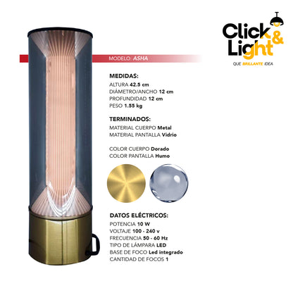 Lámpara de Mesa LED Asha · vidrio humo, dorado
