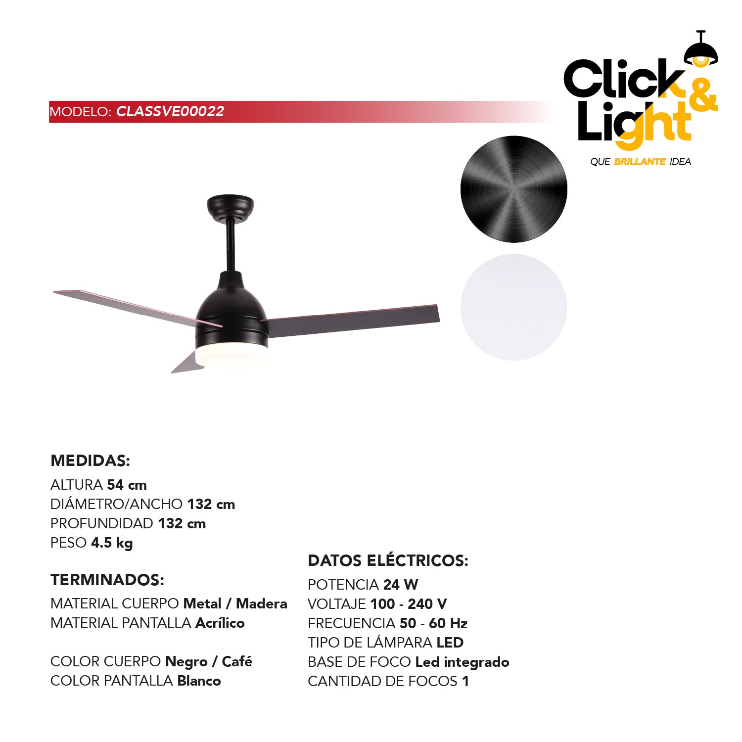 Ventilador de Techo LED Contemporáneo Color Negro con Aspas de Madera - Marca Class