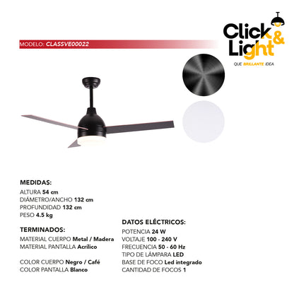 Ventilador de Techo LED Contemporáneo Color Negro con Aspas de Madera - Marca Class