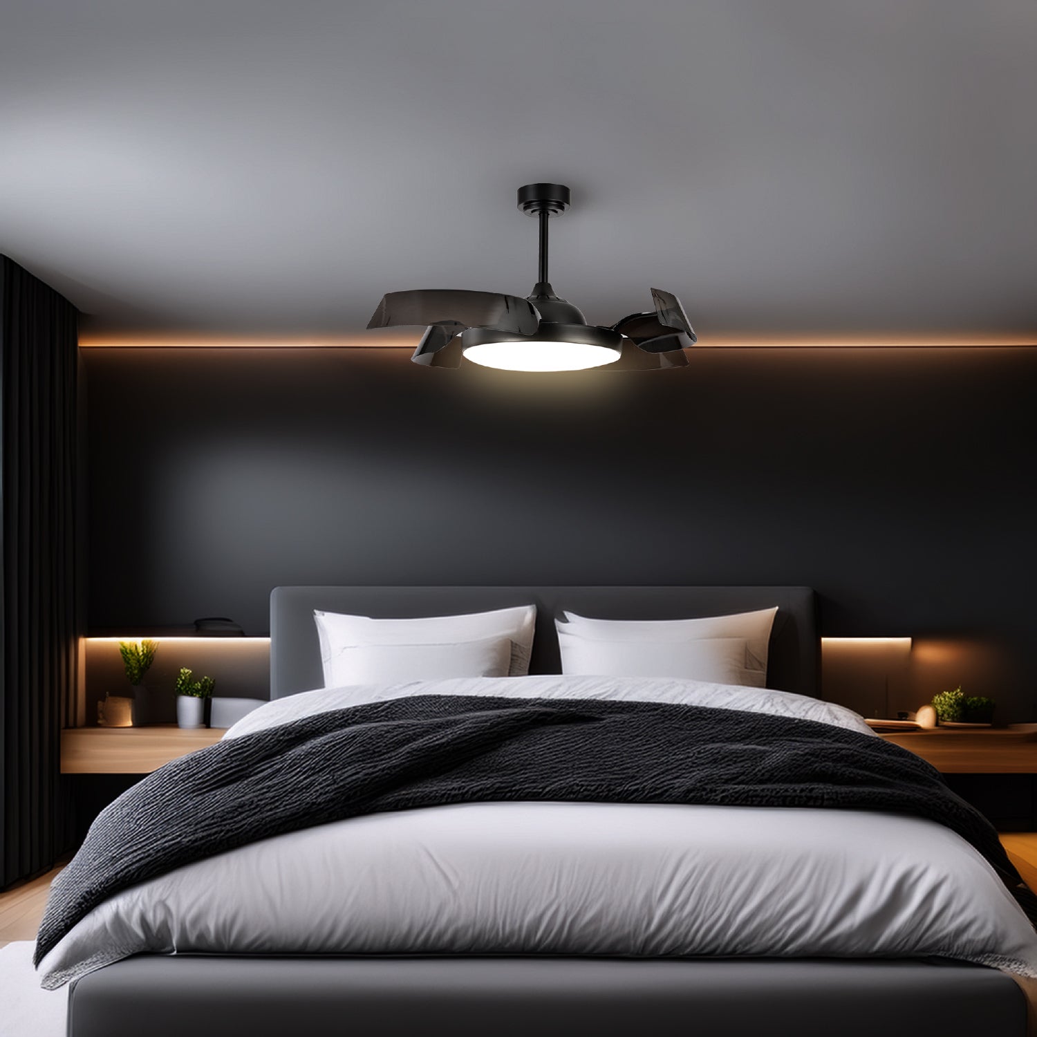 Ventilador Flux en ambiente: recámara contemporánea con luz integrada